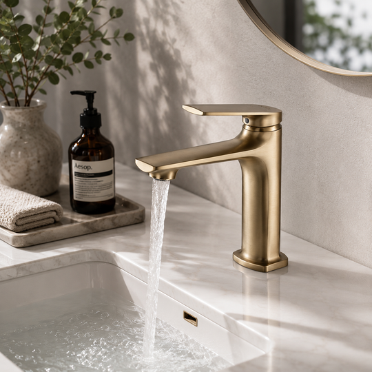 Brass single-hole bathroom basin faucet on a modern vanity scene | SANIKB OEM/ODM FYF-01059