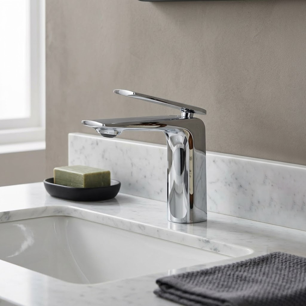 Brass single-hole bathroom basin faucet on a modern vanity scene | SANIKB OEM/ODM FYF-01647