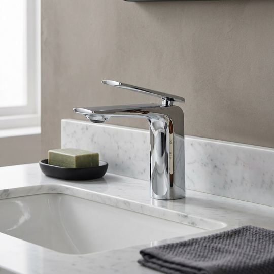 Brass single-hole bathroom basin faucet on a modern vanity scene | SANIKB OEM/ODM FYF-01647