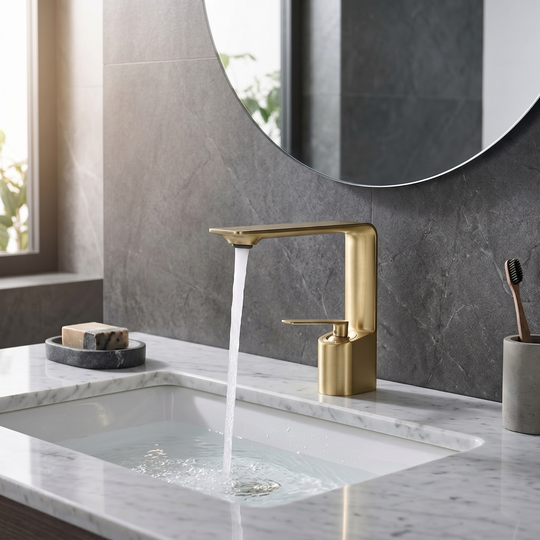 Brass single-hole bathroom basin faucet on a modern vanity scene | SANIKB OEM/ODM FYF-01674