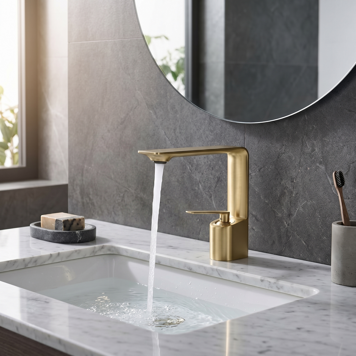 Brass single-hole bathroom basin faucet on a modern vanity scene | SANIKB OEM/ODM FYF-01674