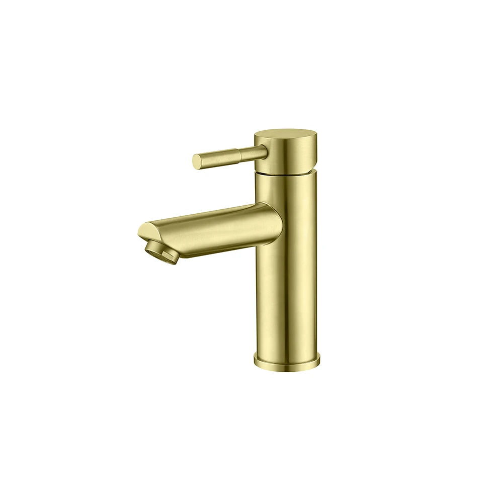 Brushed Gold single-hole bathroom basin faucet, 304 stainless steel, round cylinder body with pin-lever handle, standard height — SANIKB FYF-01065
