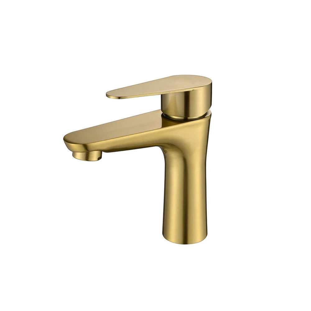 Brushed Gold single-hole bathroom basin faucet, 304 stainless steel, contoured round body with soft flat lever, standard height — SANIKB FYF-01067