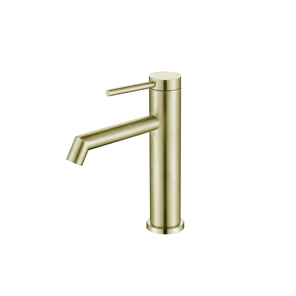 Brushed Gold single-hole bathroom basin faucet, 304 stainless steel, slim round cylinder body with a pin-lever handle, standard height — SANIKB FYF-01078