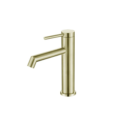 Brushed Gold single-hole bathroom basin faucet, 304 stainless steel, slim round cylinder body with a pin-lever handle, standard height — SANIKB FYF-01078