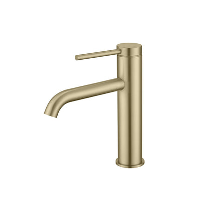 Brushed gold single-hole bathroom basin faucet, stainless steel, round cylindrical body, straight lever, standard height — SANIKB FYF-01079.