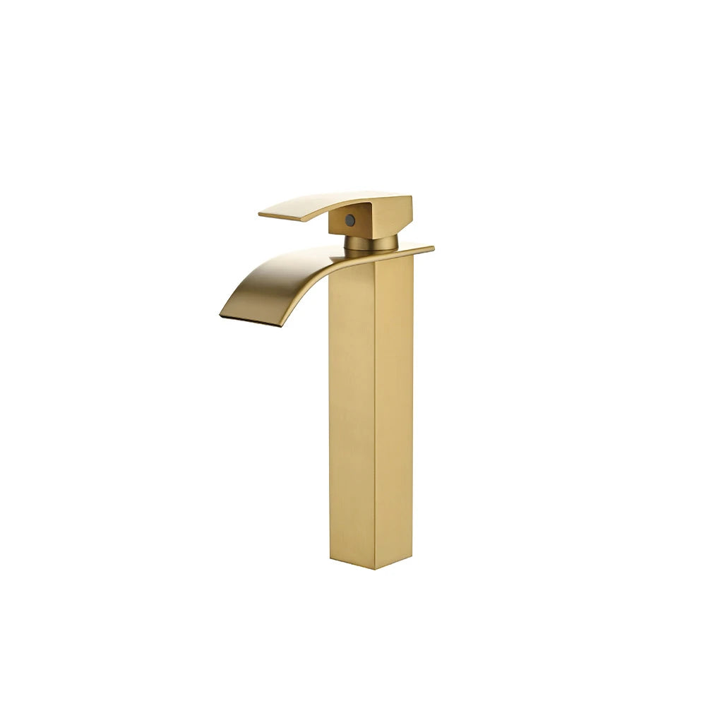 Brushed Gold single-hole bathroom basin faucet, 304 stainless steel, wide fan-shaped waterfall spout, tall vessel height — SANIKB FYF-01063