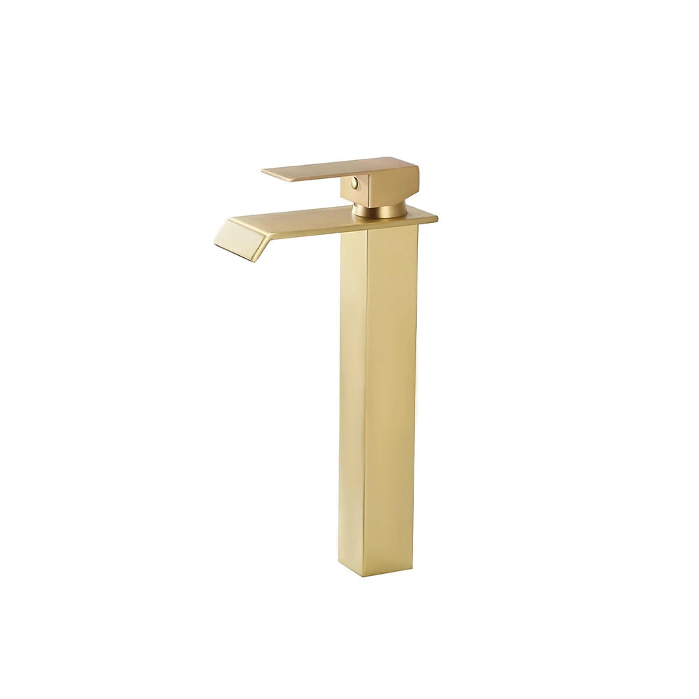 Brushed Gold single-hole bathroom basin faucet, 304 stainless steel, wide square waterfall spout, tall vessel height — SANIKB FYF-01066