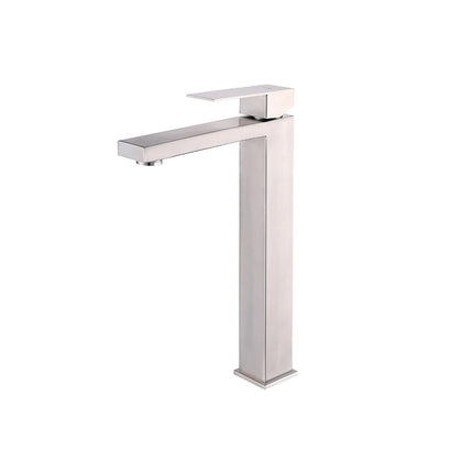 Brushed gold tall vessel basin faucet, single hole, stainless steel, square angular body — SANIKB FYF-01075.