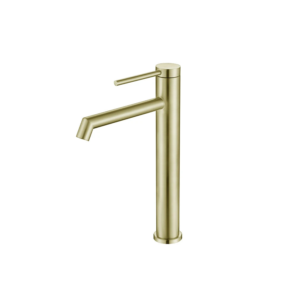 Brushed Gold single-hole bathroom basin faucet, 304 stainless steel, slim round cylinder body with a pin-lever handle, tall vessel height — SANIKB FYF-01078