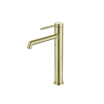 Brushed Gold single-hole bathroom basin faucet, 304 stainless steel, slim round cylinder body with a pin-lever handle, tall vessel height — SANIKB FYF-01078