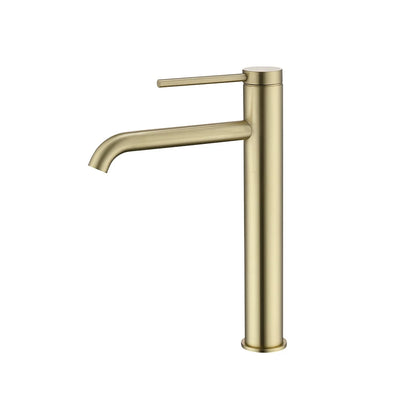 Brushed gold tall vessel basin faucet, single hole, stainless steel, round cylindrical body — SANIKB FYF-01079.