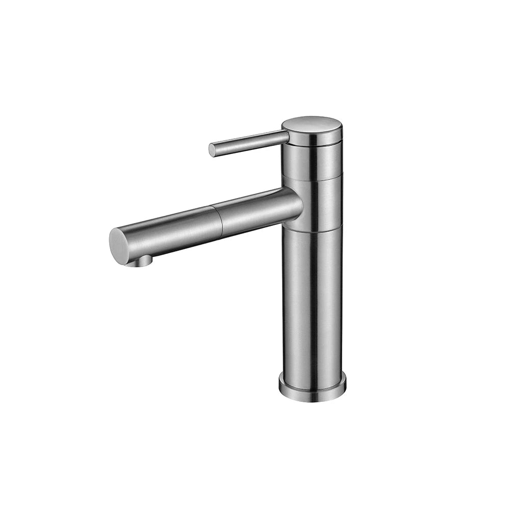 Brushed Nickel single-hole bathroom basin faucet, 304 stainless steel, round body with a pull-out extending spout, standard height — SANIKB FYF-01077