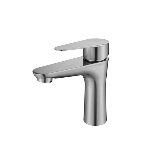 Brushed Nickel single-hole bathroom basin faucet, 304 stainless steel, contoured round body with soft flat lever, standard height — SANIKB FYF-01067