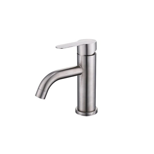Brushed Nickel single-hole bathroom basin faucet, 304 stainless steel, round cylinder body with a downward-angled spout, standard height — SANIKB FYF-01071