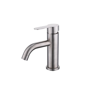 Brushed Nickel single-hole bathroom basin faucet, 304 stainless steel, round cylinder body with a downward-angled spout, standard height — SANIKB FYF-01071