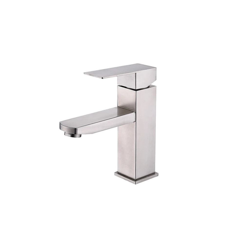 Brushed Nickel single-hole bathroom basin faucet, 304 stainless steel, slim square body with a flat blade spout, standard height — SANIKB FYF-01072