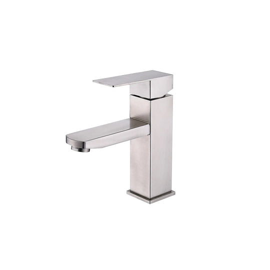 Brushed Nickel single-hole bathroom basin faucet, 304 stainless steel, slim square body with a flat blade spout, standard height — SANIKB FYF-01072