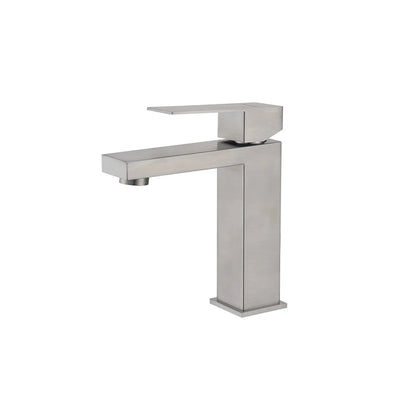 Brushed nickel single-hole bathroom basin faucet, stainless steel, square angular body and flat spout, standard height — SANIKB FYF-01075.