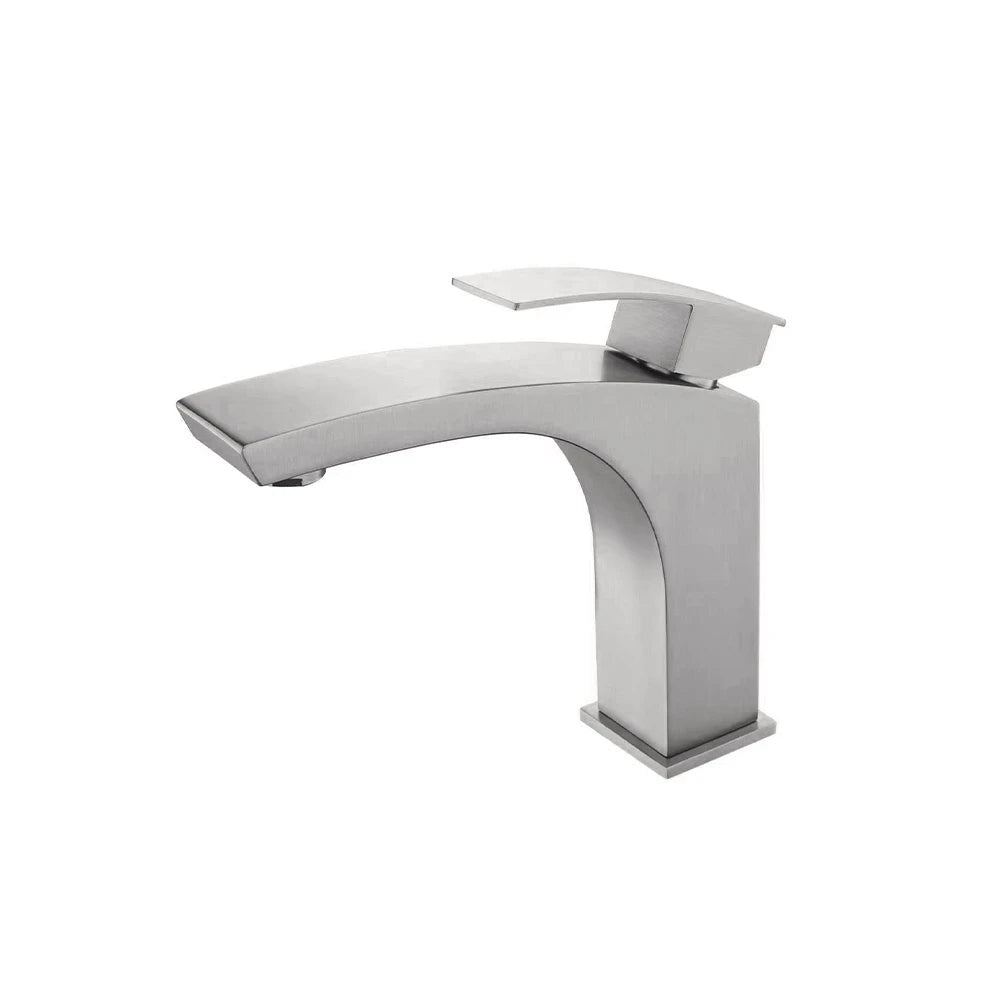 Brushed Nickel single-hole bathroom basin faucet, 304 stainless steel, curved wave spout on a square tapered body — SANIKB FYF-01076