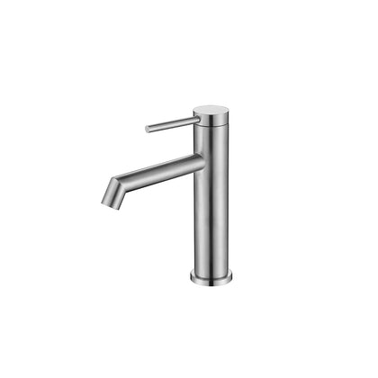 Brushed Nickel single-hole bathroom basin faucet, 304 stainless steel, slim round cylinder body with a pin-lever handle, standard height — SANIKB FYF-01078