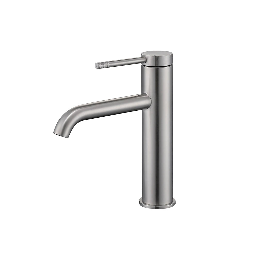 Brushed nickel single-hole bathroom basin faucet, stainless steel, round cylindrical body, straight lever, curved spout, standard height — SANIKB FYF-01079.