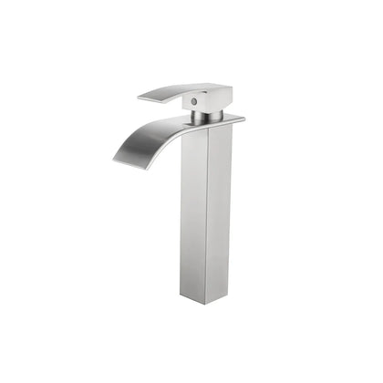 Brushed Nickel single-hole bathroom basin faucet, 304 stainless steel, wide fan-shaped waterfall spout, tall vessel height — SANIKB FYF-01063