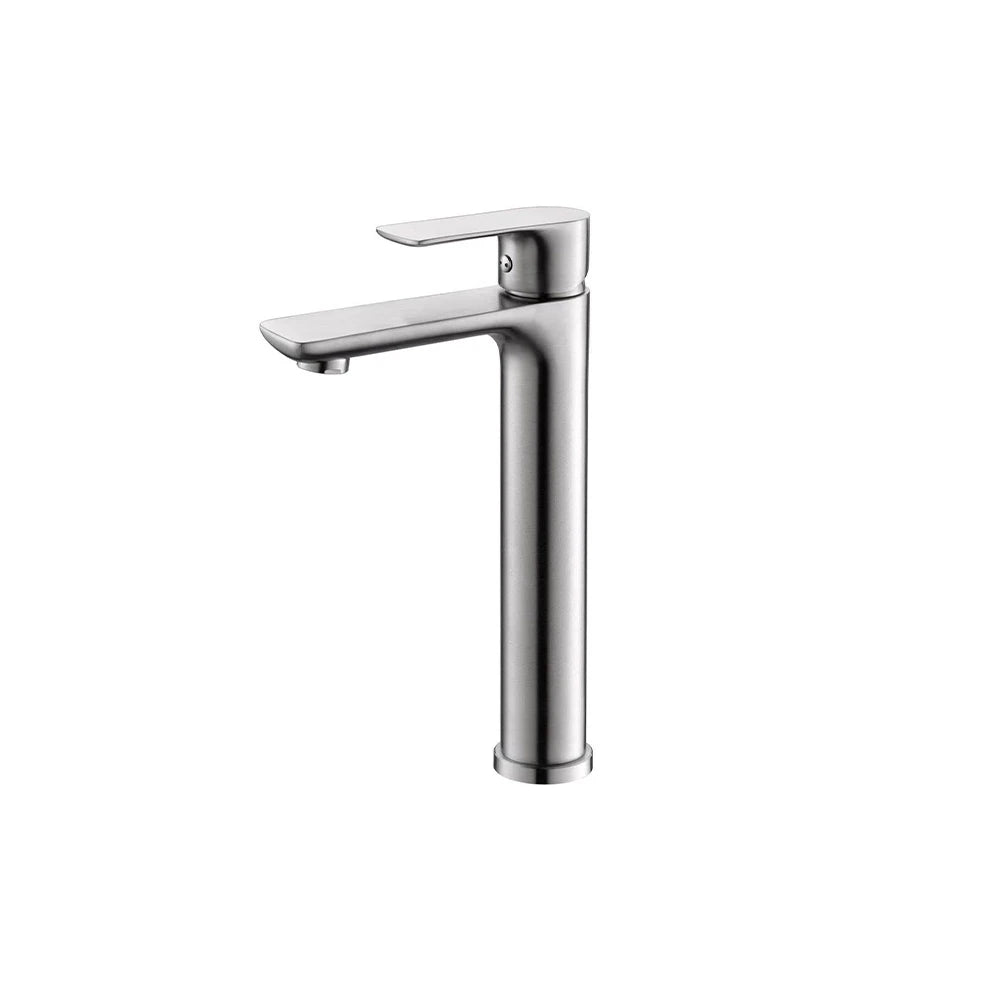 Brushed Nickel single-hole bathroom basin faucet, 304 stainless steel, tapered round body with flat lever handle, tall vessel height — SANIKB FYF-01064