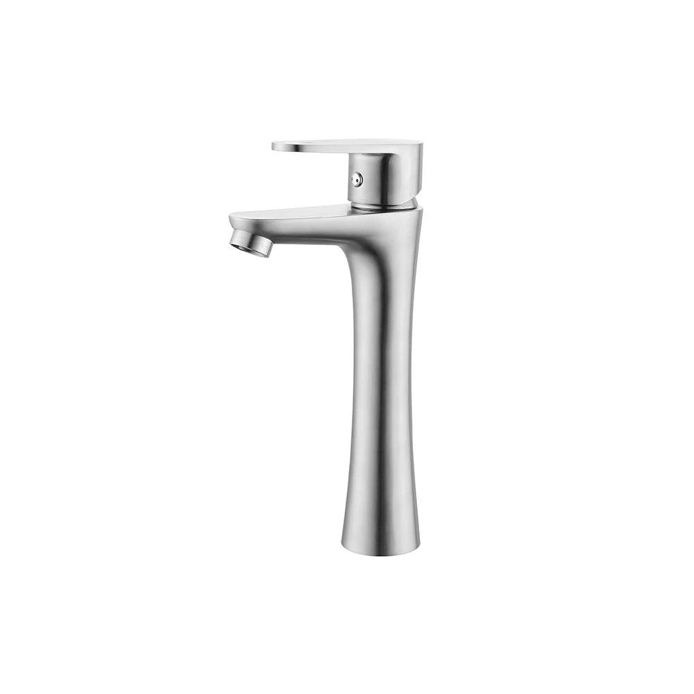 Brushed Nickel single-hole bathroom basin faucet, 304 stainless steel, contoured round body with soft flat lever, tall vessel height — SANIKB FYF-01067