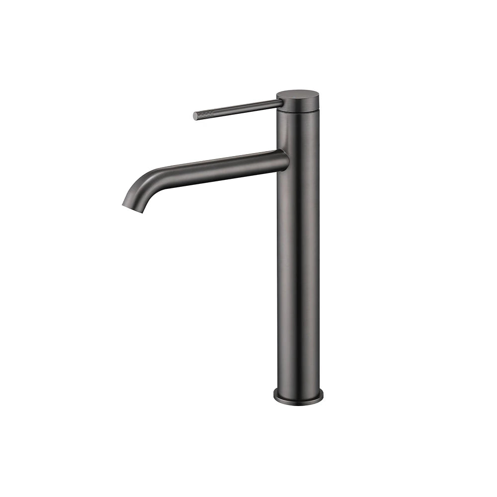 Brushed nickel tall vessel basin faucet, single hole, stainless steel, round body, straight lever — SANIKB FYF-01079.