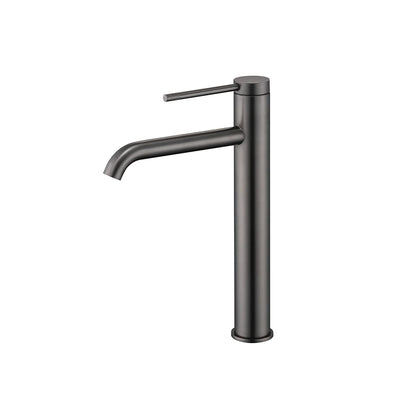 Brushed nickel tall vessel basin faucet, single hole, stainless steel, round body, straight lever — SANIKB FYF-01079.