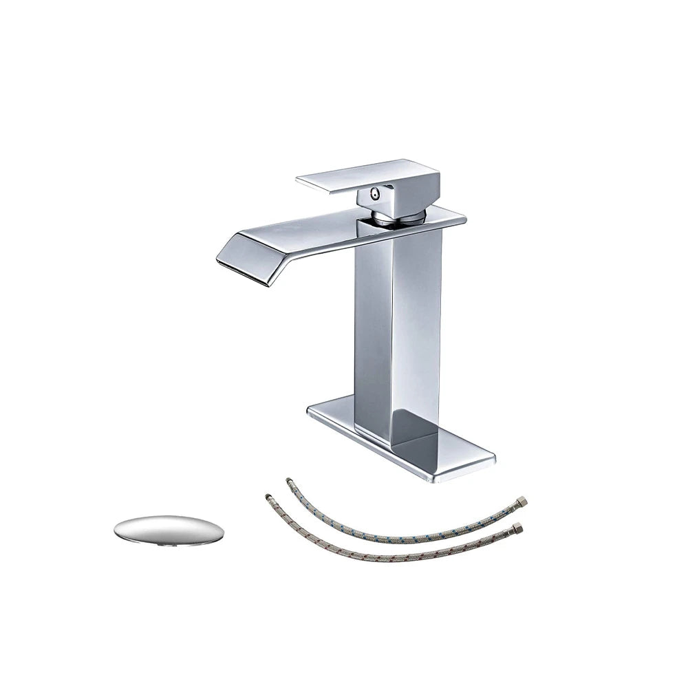 Chrome single-hole bathroom basin faucet, 304 stainless steel, wide square waterfall spout, standard height — SANIKB FYF-01066