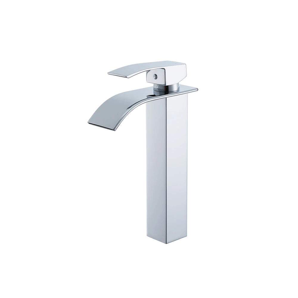 Chrome single-hole bathroom basin faucet, 304 stainless steel, wide fan-shaped waterfall spout, tall vessel height — SANIKB FYF-01063
