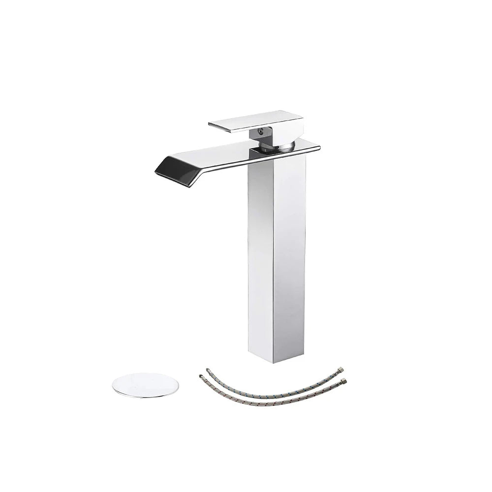 Chrome single-hole bathroom basin faucet, 304 stainless steel, wide square waterfall spout, tall vessel height — SANIKB FYF-01066