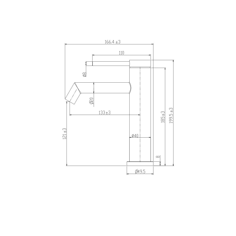 Dimensioned spec drawing for SANIKB FYF-01078 single-hole bathroom basin faucet, 304 stainless steel, standard height