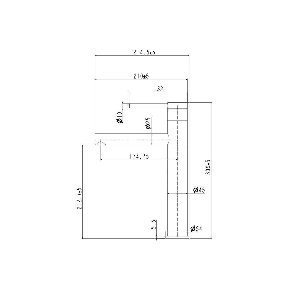 Dimensioned spec drawing for SANIKB FYF-01077 single-hole bathroom basin faucet, 304 stainless steel, tall vessel height