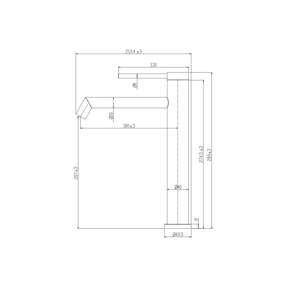 Dimensioned spec drawing for SANIKB FYF-01078 single-hole bathroom basin faucet, 304 stainless steel, tall vessel height
