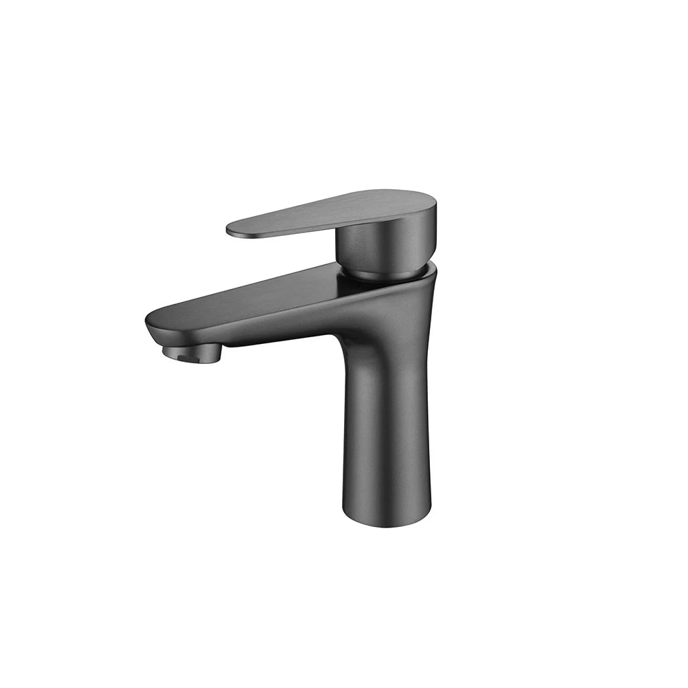 Gun Metal Grey single-hole bathroom basin faucet, 304 stainless steel, contoured round body with soft flat lever, standard height — SANIKB FYF-01067