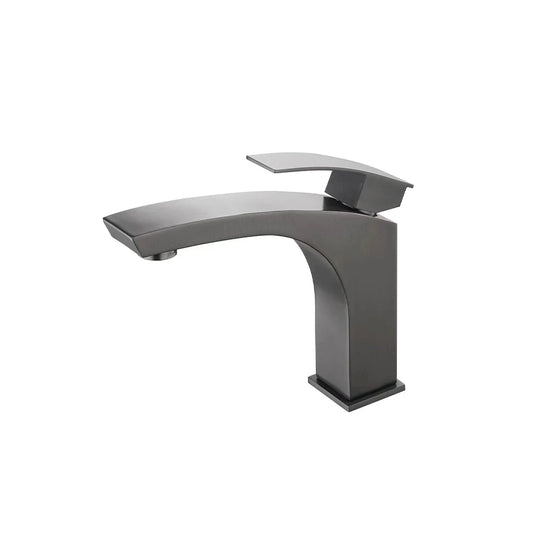 Gun Metal Grey single-hole bathroom basin faucet, 304 stainless steel, curved wave spout on a square tapered body — SANIKB FYF-01076