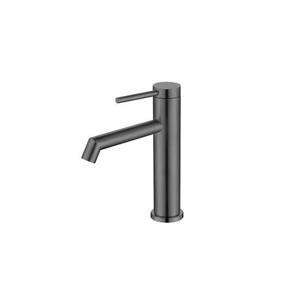 Gun Metal Grey single-hole bathroom basin faucet, 304 stainless steel, slim round cylinder body with a pin-lever handle, standard height — SANIKB FYF-01078
