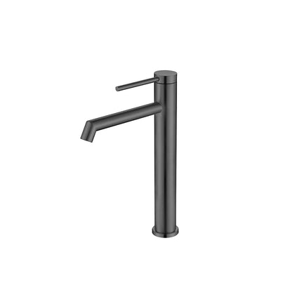 Gun Metal Grey single-hole bathroom basin faucet, 304 stainless steel, slim round cylinder body with a pin-lever handle, tall vessel height — SANIKB FYF-01078