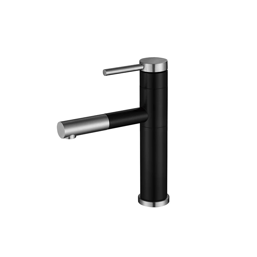 Matte Black & Brushed Nickel single-hole bathroom basin faucet, 304 stainless steel, round body with a pull-out extending spout, standard height — SANIKB FYF-01077