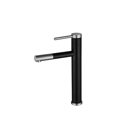 Matte Black & Brushed Nickel single-hole bathroom basin faucet, 304 stainless steel, round body with a pull-out extending spout, tall vessel height — SANIKB FYF-01077