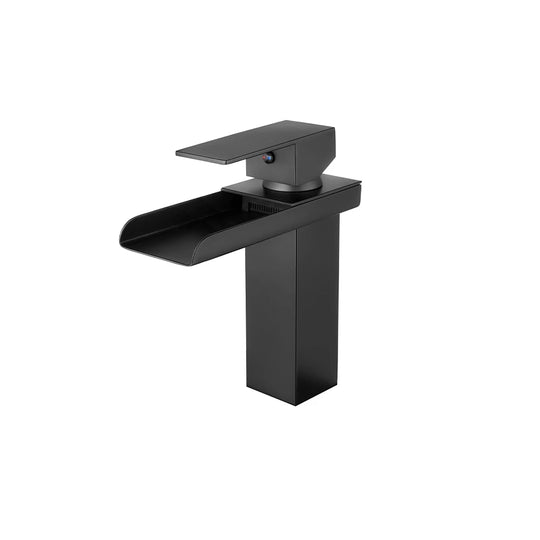 Matte Black single-hole bathroom basin faucet, 304 stainless steel, square open waterfall spout, standard height — SANIKB FYF-01061