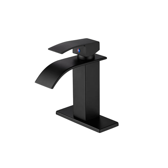 Matte Black single-hole bathroom basin faucet, 304 stainless steel, wide fan-shaped waterfall spout, standard height — SANIKB FYF-01063