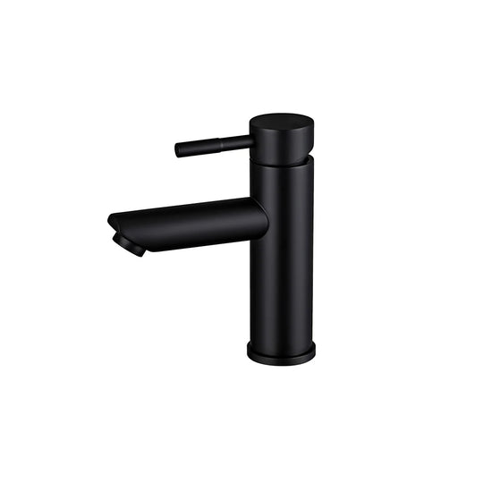 Matte Black single-hole bathroom basin faucet, 304 stainless steel, round cylinder body with pin-lever handle, standard height — SANIKB FYF-01065