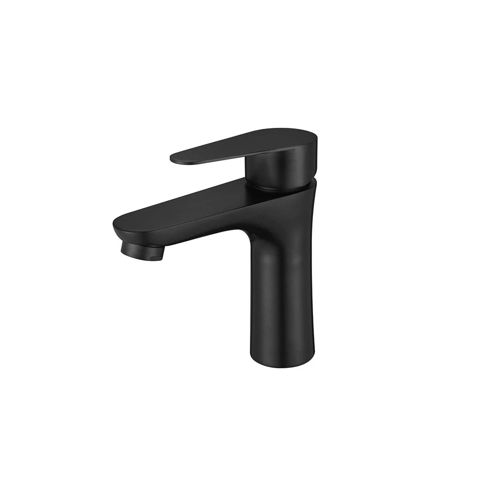 Matte Black single-hole bathroom basin faucet, 304 stainless steel, contoured round body with soft flat lever, standard height — SANIKB FYF-01067