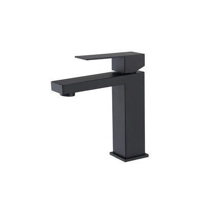 Matte black single-hole bathroom basin faucet, stainless steel, square body, slim lever, standard height — SANIKB FYF-01075.