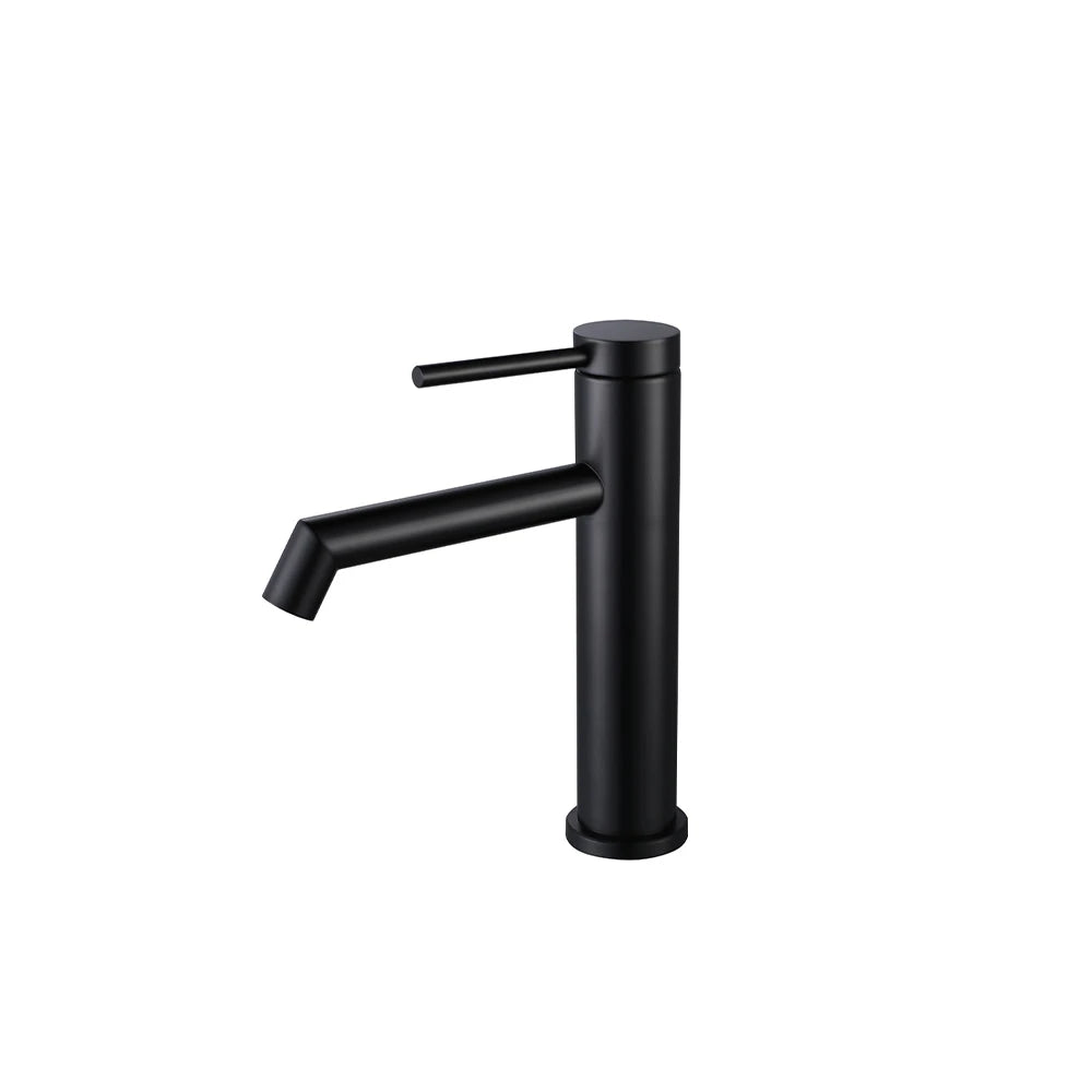 Matte Black single-hole bathroom basin faucet, 304 stainless steel, slim round cylinder body with a pin-lever handle, standard height — SANIKB FYF-01078