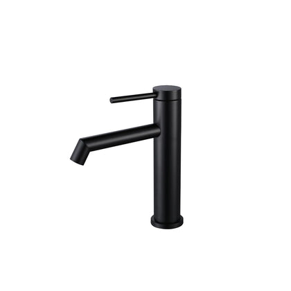 Matte Black single-hole bathroom basin faucet, 304 stainless steel, slim round cylinder body with a pin-lever handle, standard height — SANIKB FYF-01078